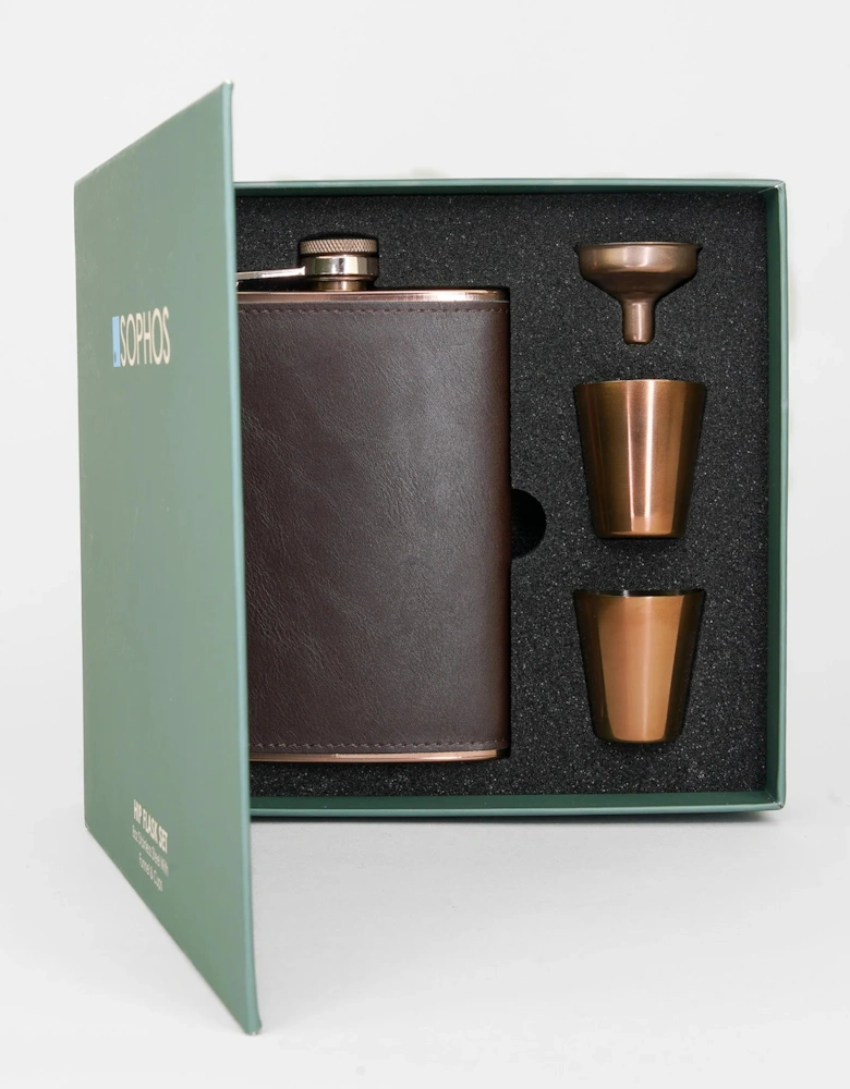 4 Piece Copper 8oz Hip Flask Gift Set - Copper/ Brown