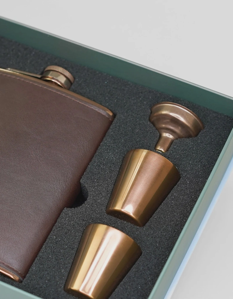 4 Piece Copper 8oz Hip Flask Gift Set - Copper/ Brown