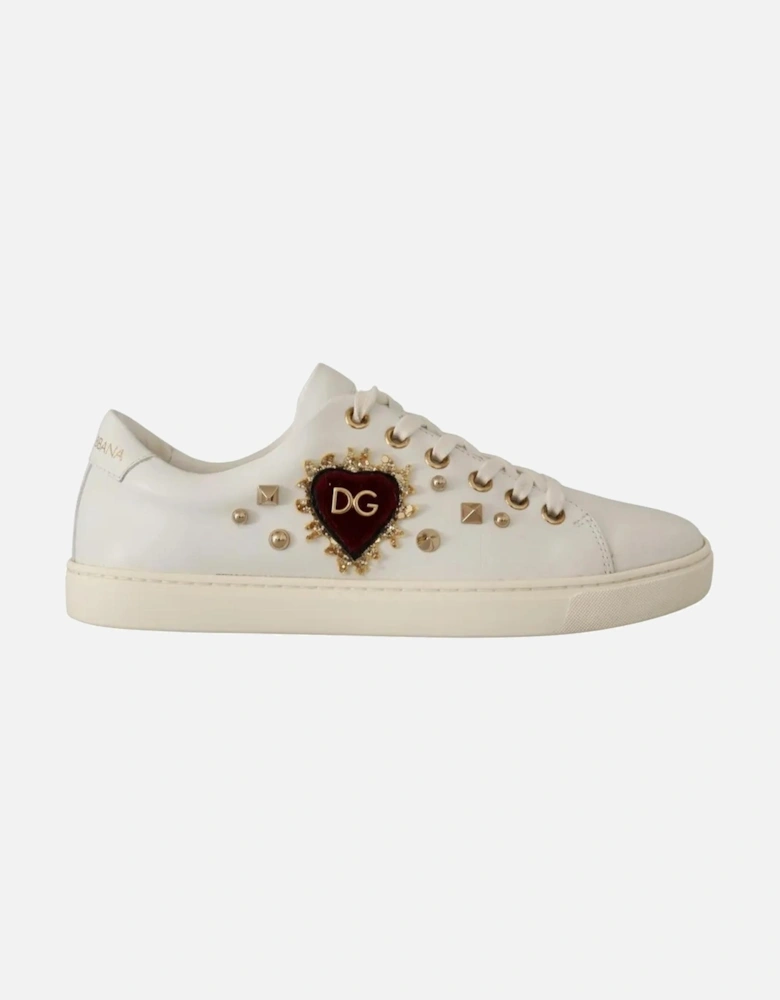 Gold Studded Leather Sneakers with Red Heart Embroidery Women - White