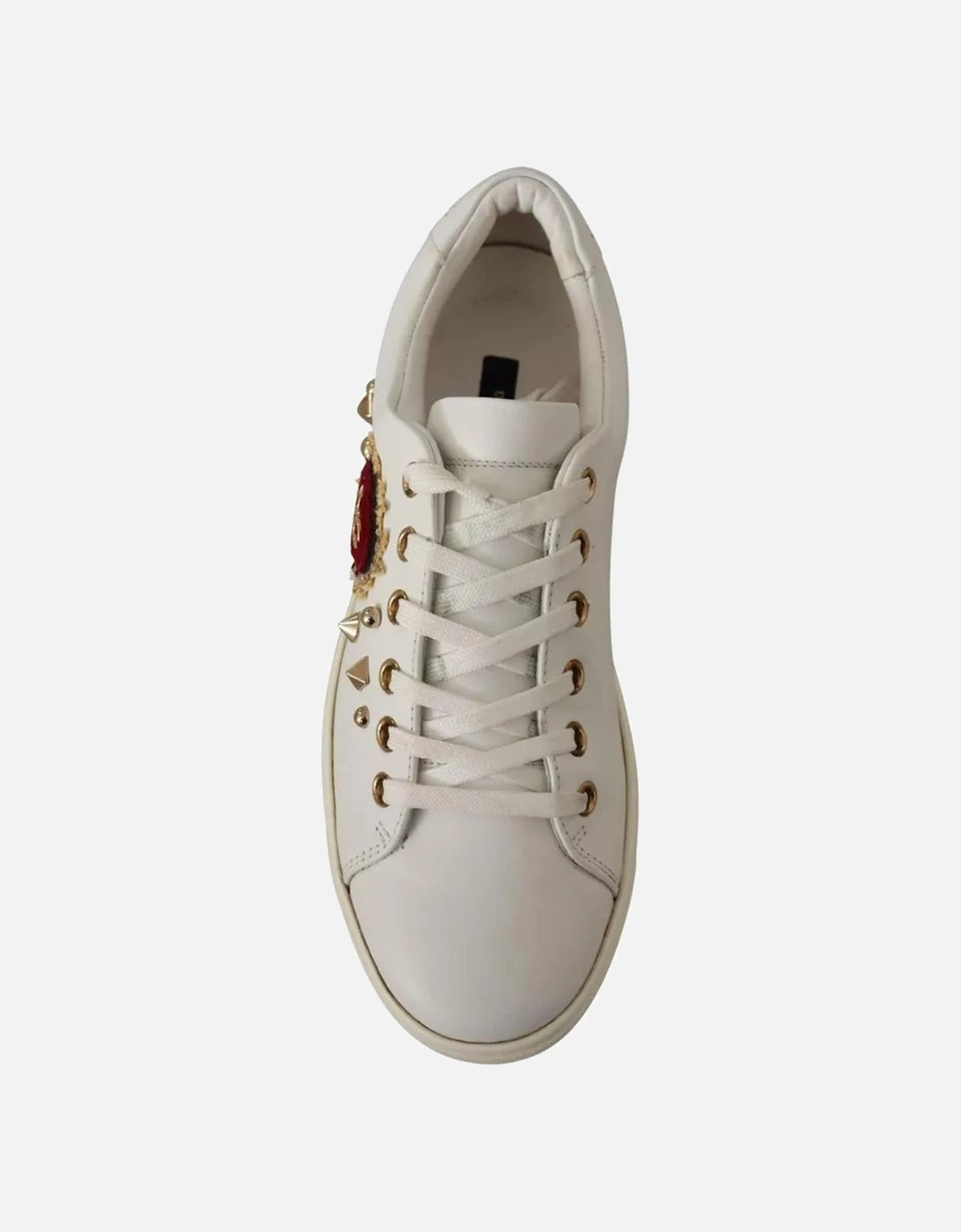 Gold Studded Leather Sneakers with Red Heart Embroidery Women - White