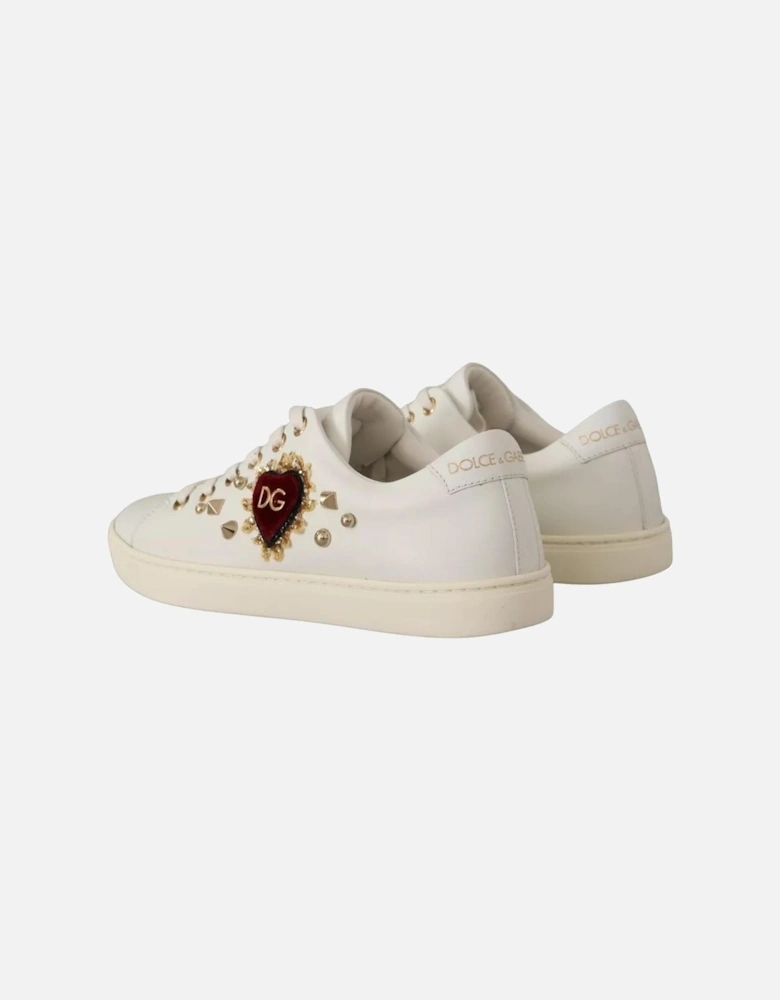 Gold Studded Leather Sneakers with Red Heart Embroidery Women - White