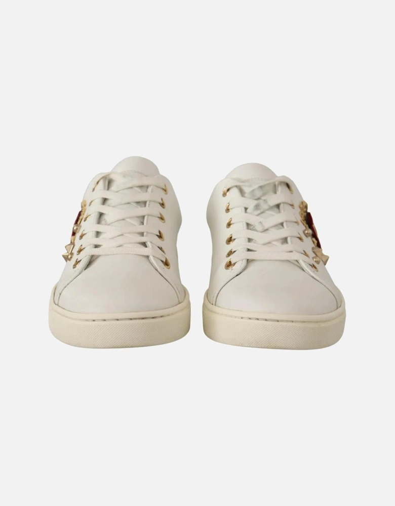 Gold Studded Leather Sneakers with Red Heart Embroidery Women - White