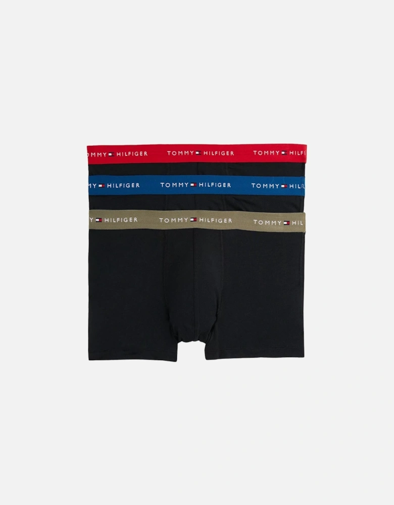 3-Pack Signature Cotton Boxer Trunks, Black w/ indigo/red/olive