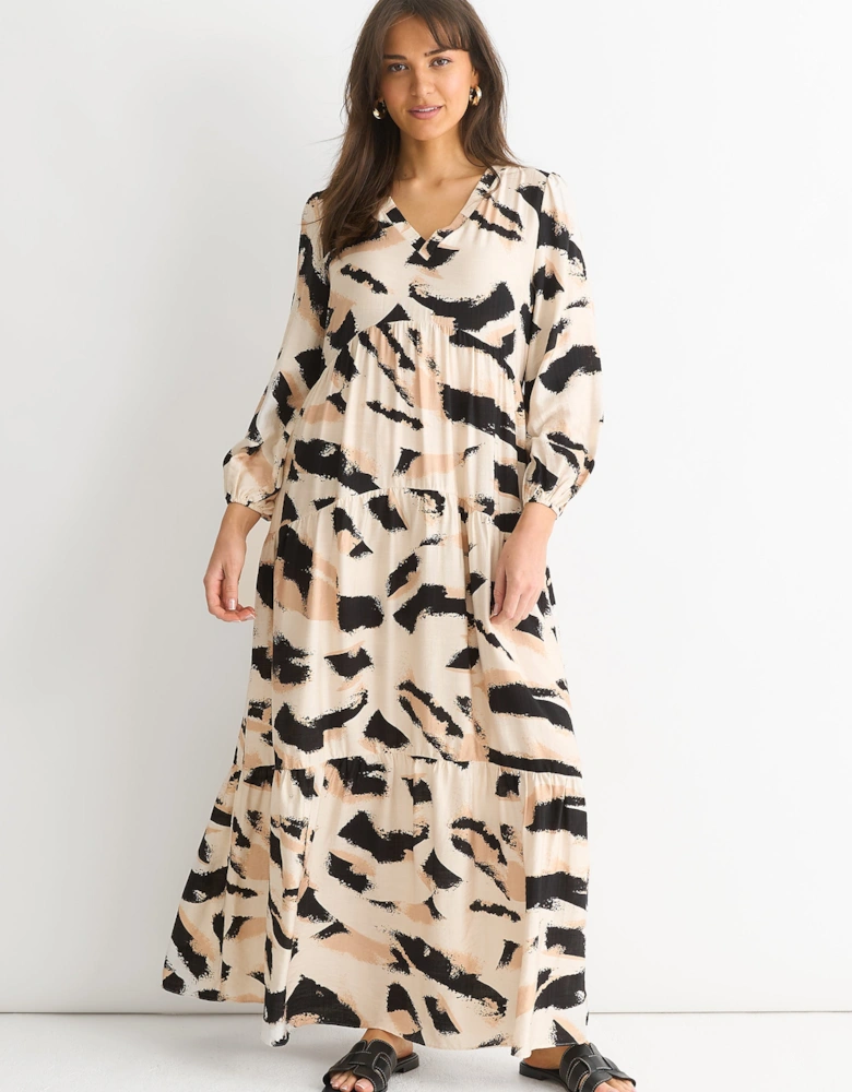 Cream Animal Print Smock Maxi Dress