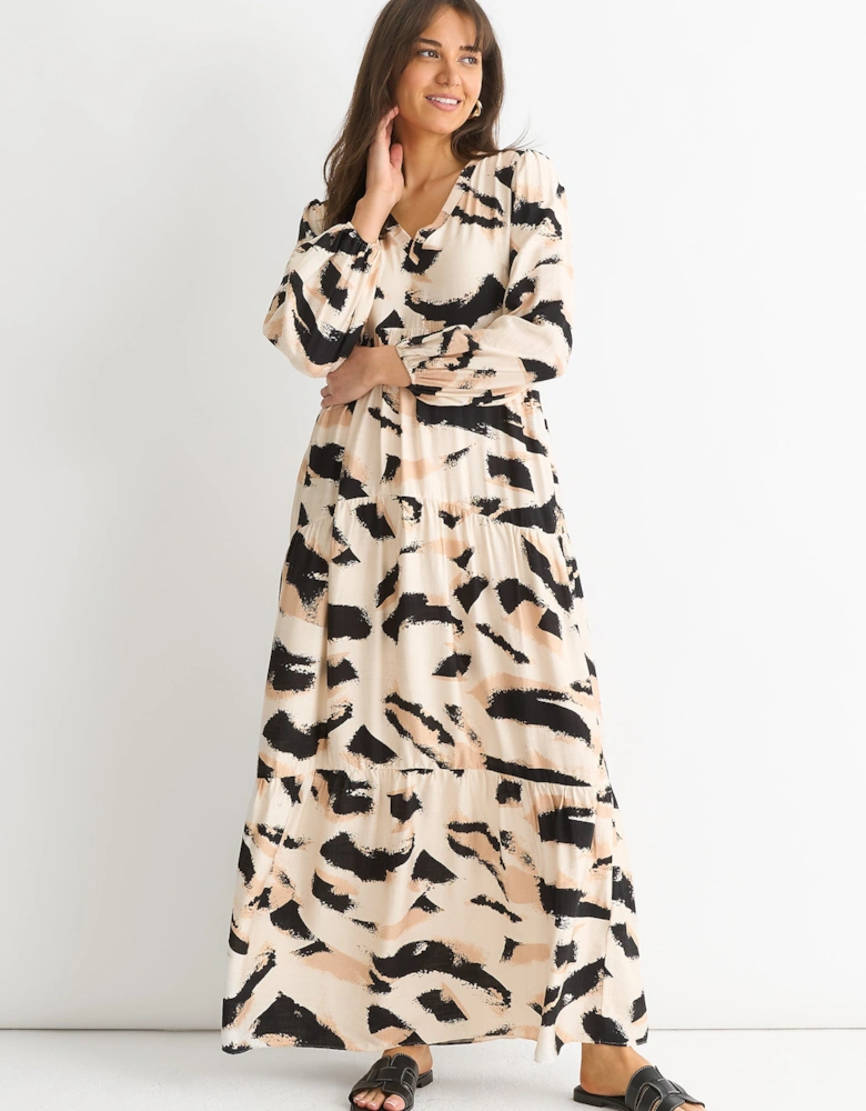 Cream Animal Print Smock Maxi Dress