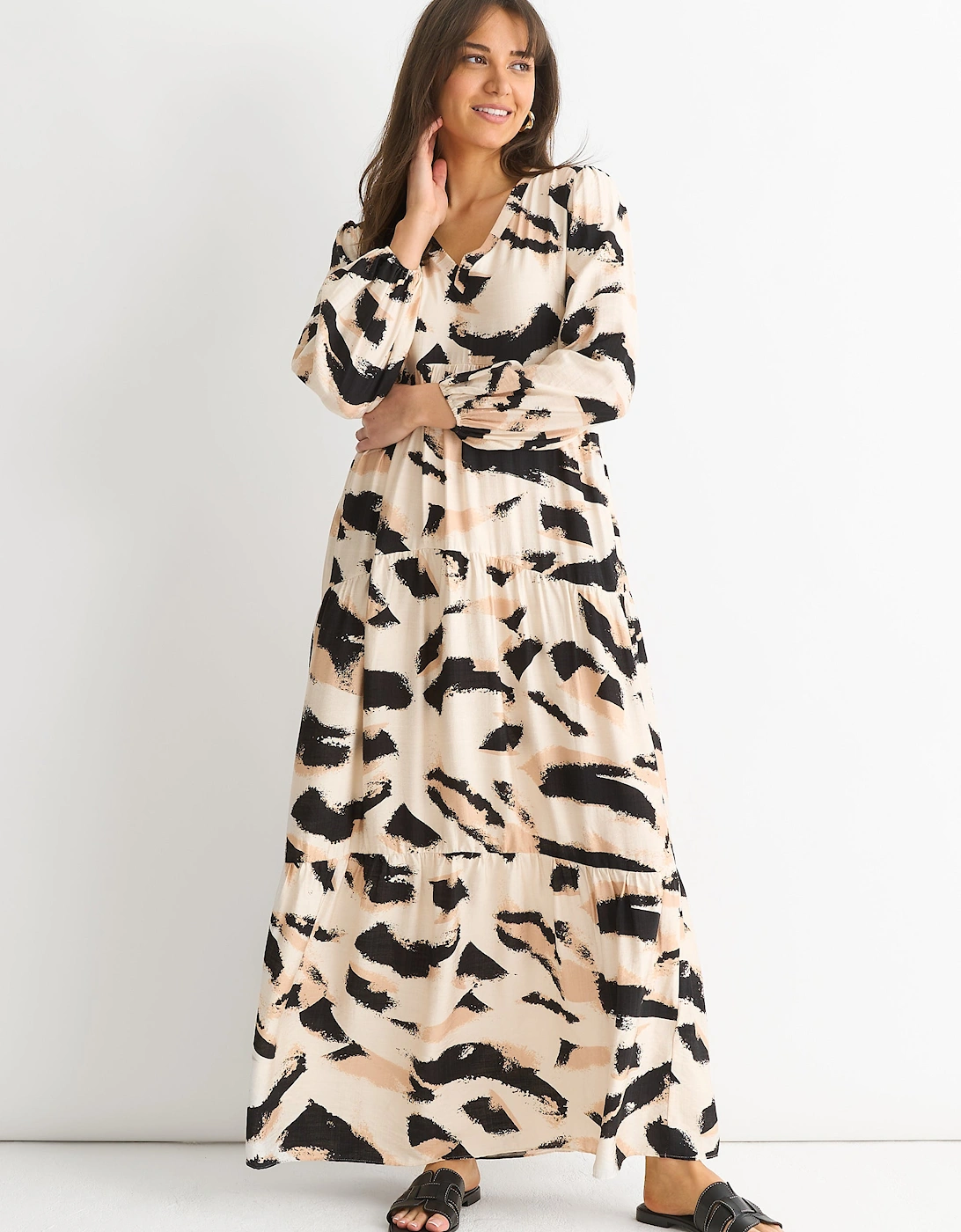 Cream Animal Print Smock Maxi Dress