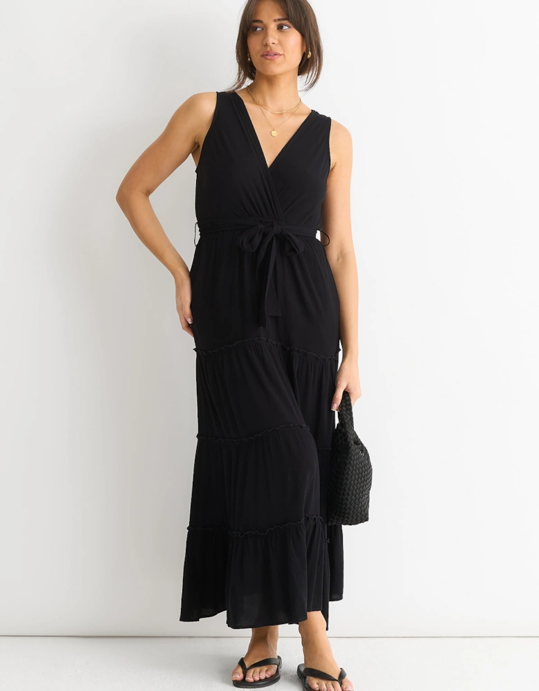 Black Viscose Wrap Tiered Maxi Dress