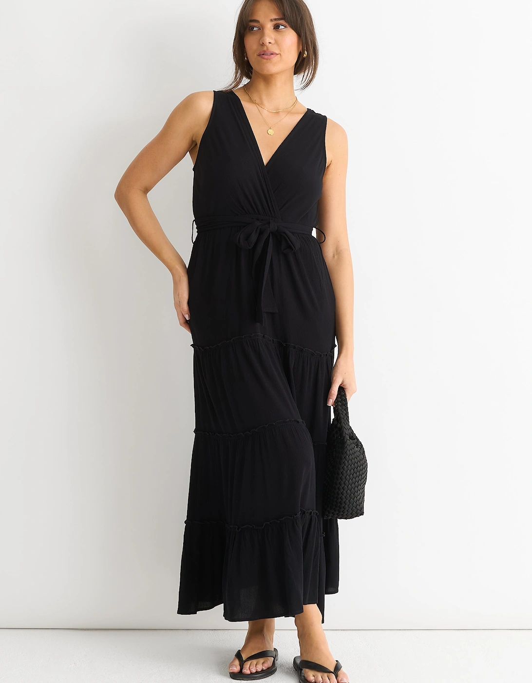 Black Viscose Wrap Tiered Maxi Dress, 5 of 4