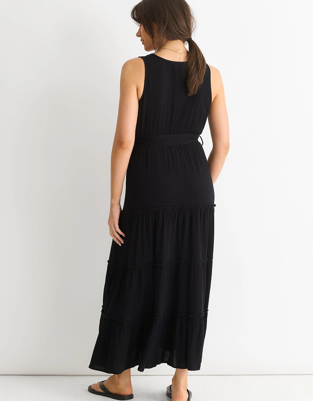 Black Viscose Wrap Tiered Maxi Dress