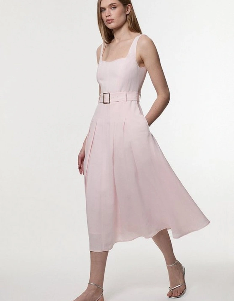 Premium Tailored Linen Belted Strappy Full Midi Dress