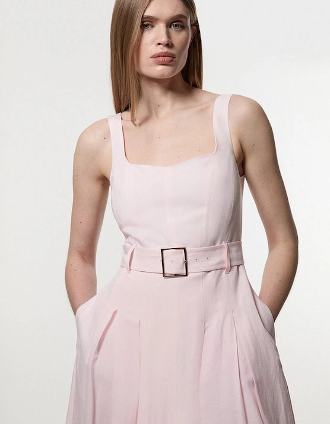 Premium Tailored Linen Belted Strappy Full Midi Dress