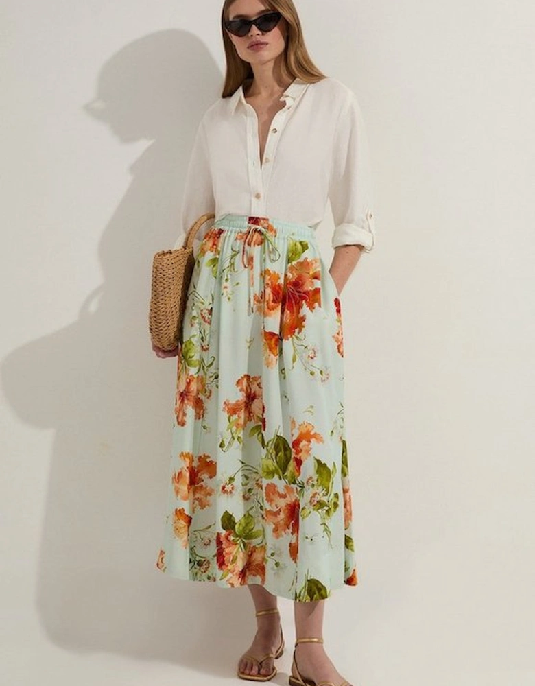 Premium Viscose Linen Floral Tie Waist Woven Skirt