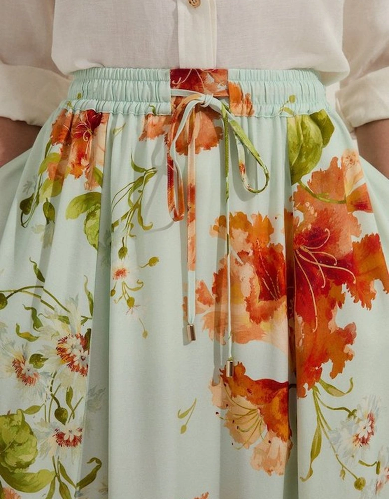 Premium Viscose Linen Floral Tie Waist Woven Skirt