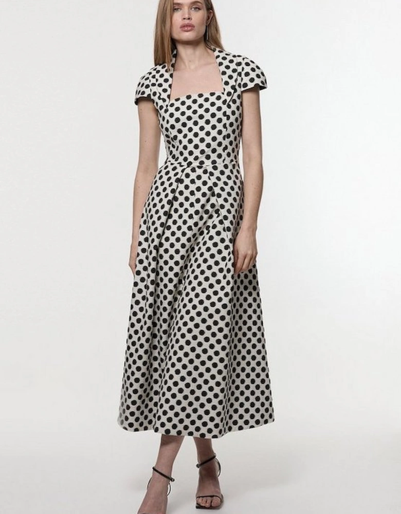 Spot Jacquard Square Neck Tailored Full Skirted Maxi Dress