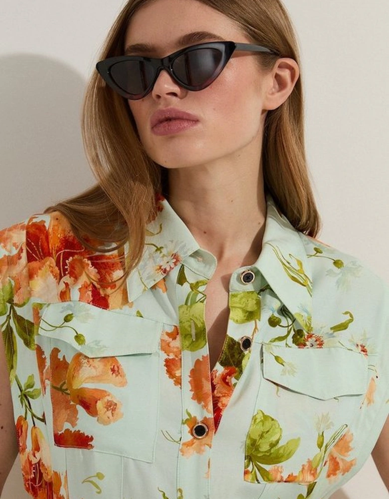 Premium Viscose Linen Floral Topstitch Woven Blouse With Waist Seam Detail