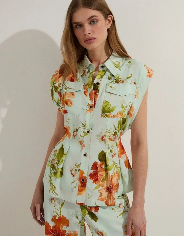 Premium Viscose Linen Floral Topstitch Woven Blouse With Waist Seam Detail