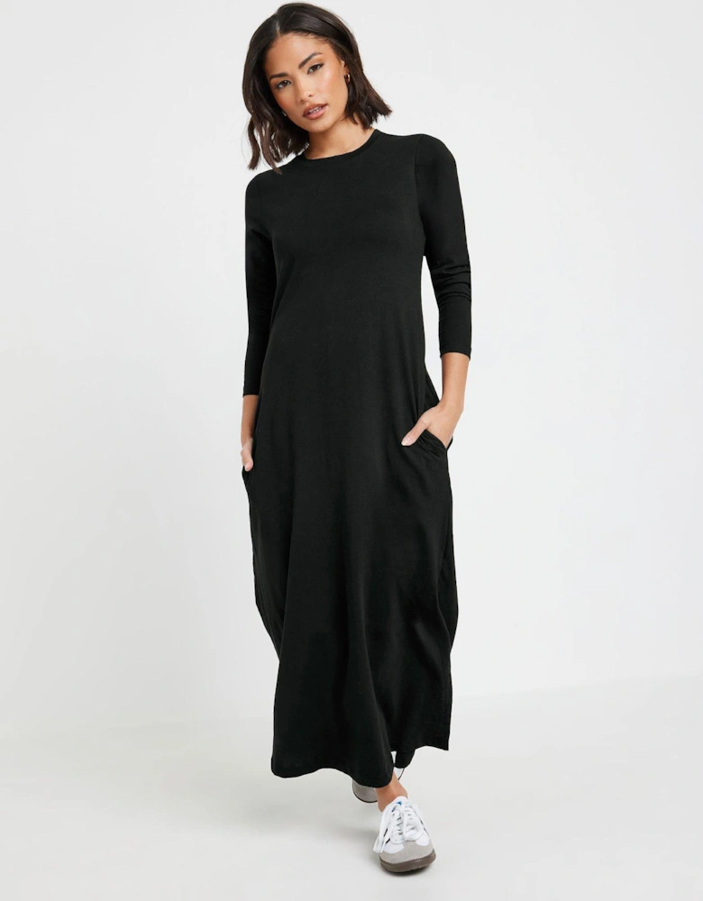 Petite Long Sleeve T Shirt Maxi Dress - Black