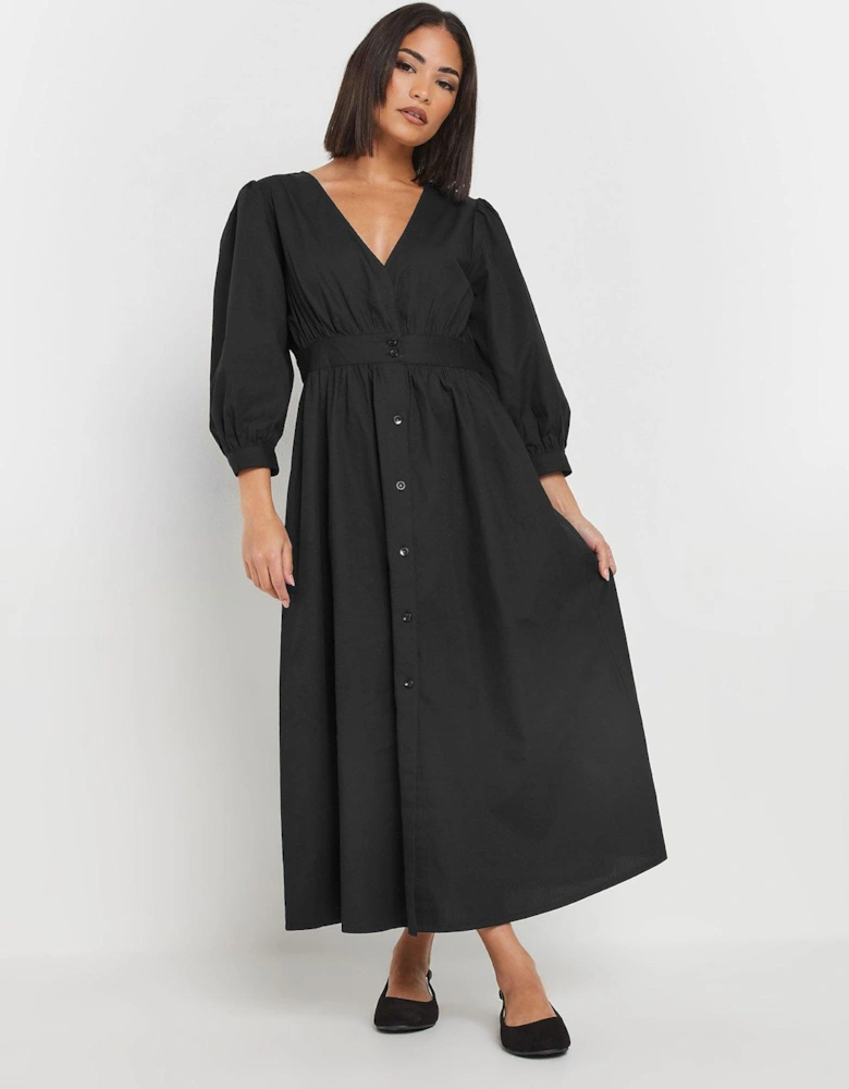 Petite Long Sleeve Button Front Midi Dress - Black