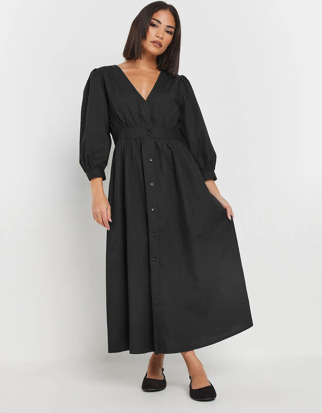 Petite Long Sleeve Button Front Midi Dress - Black, 2 of 1