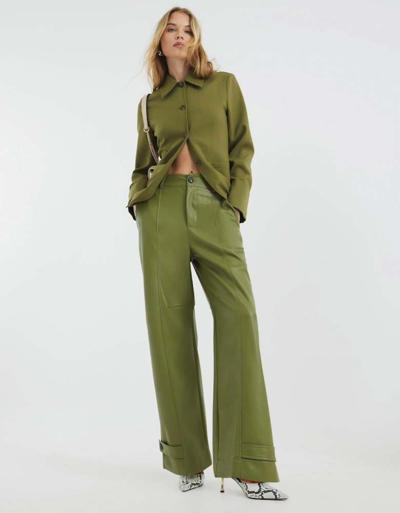 Cuff Detail Wide Leg Trouser - Green