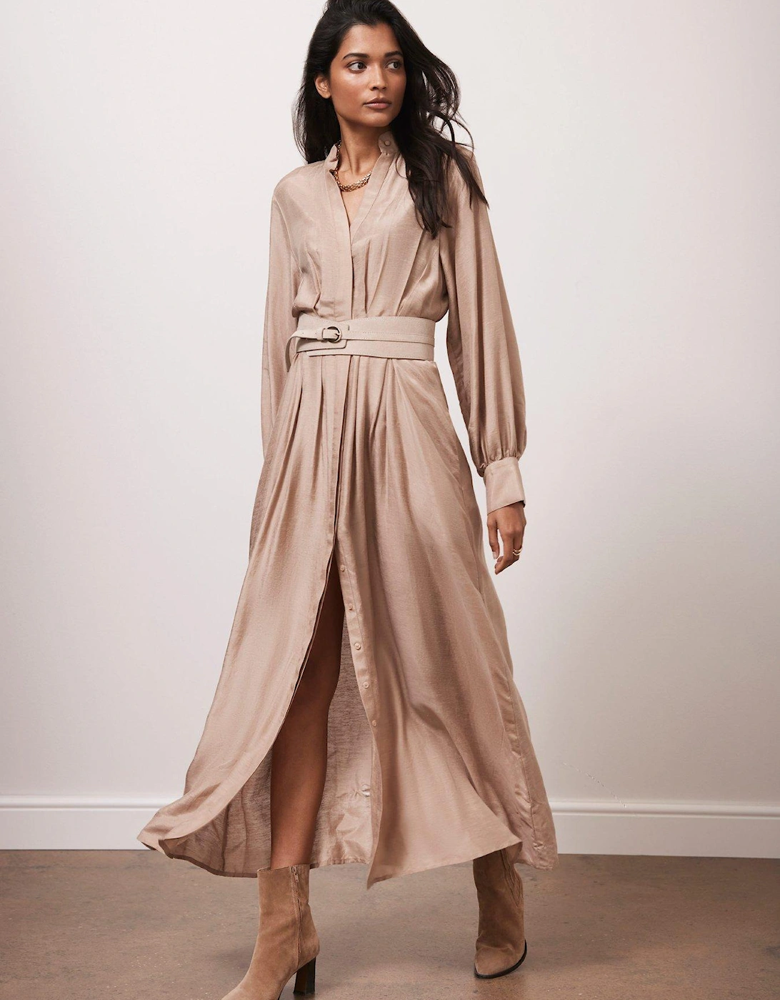 Pleated Maxi Shirt Dress - Beige, 2 of 1