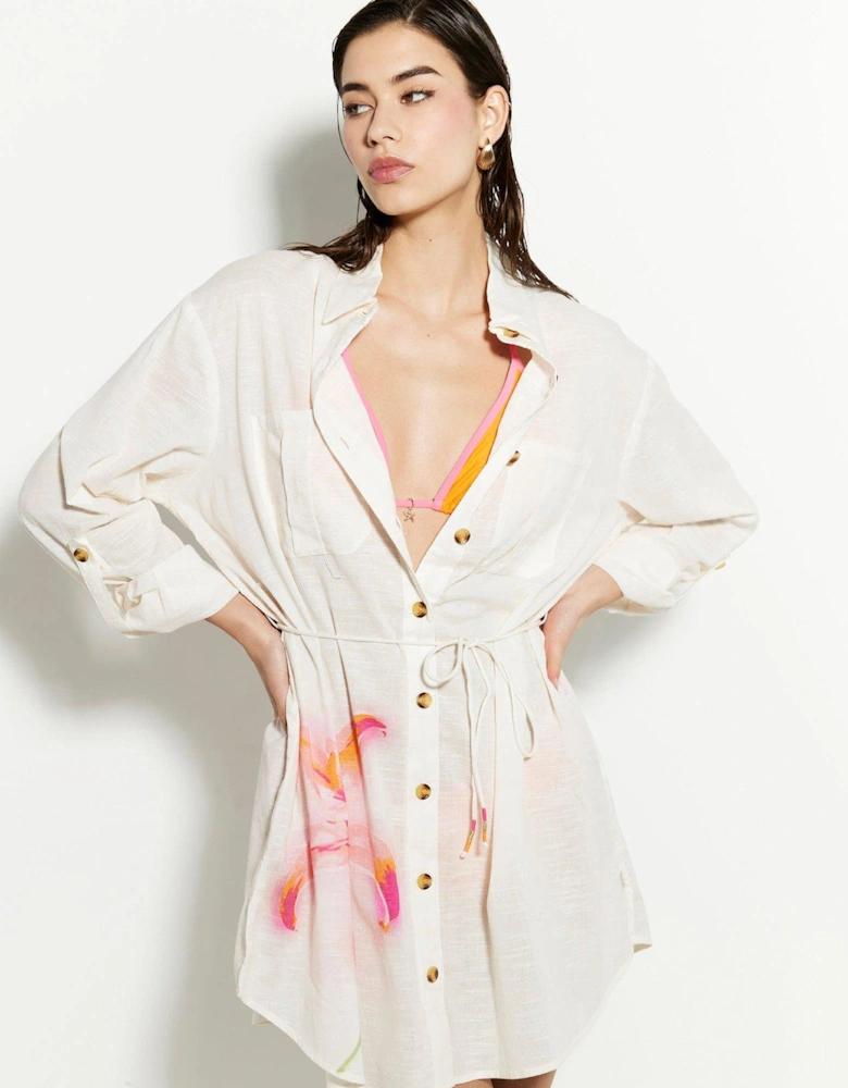 Floral Placement Shirt Dress - Cream