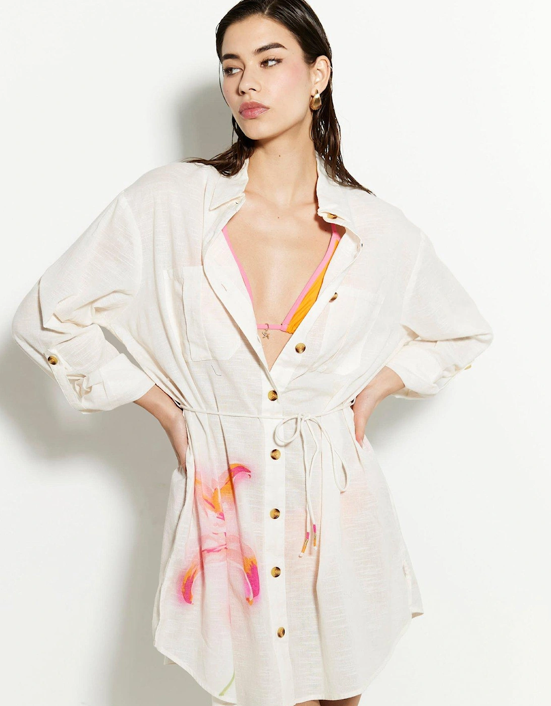 Floral Placement Shirt Dress - Cream, 2 of 1