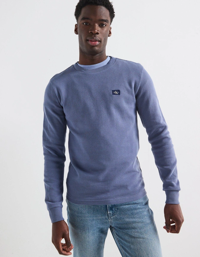 Woven Label Waffle Long Sleeve T-Shirt - Blue