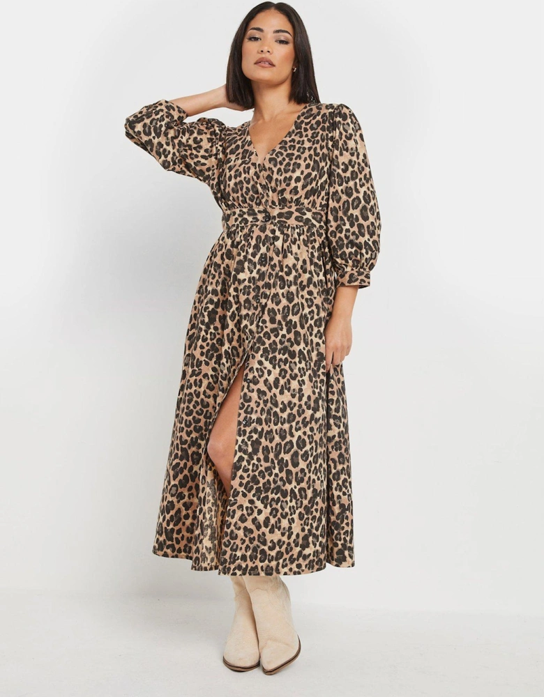 Petite Animal Long Sleeve Button Front Midi Dress - Natural