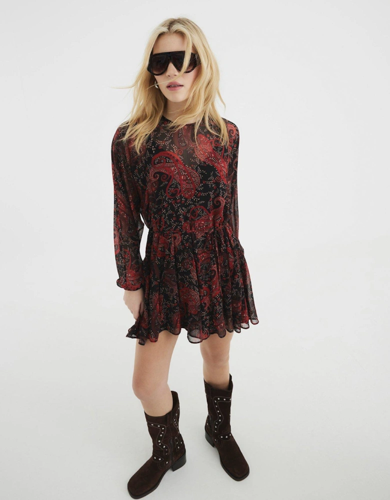 Belted Print Mini Dress - Red