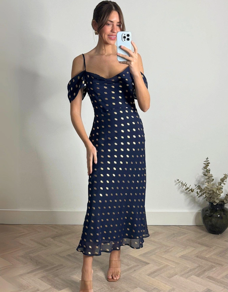 Strappy Spot Midi Dress - Navy