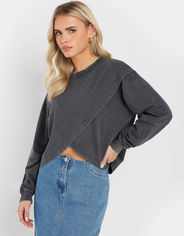 Petite Acid Wash Cross Over Sweat - Grey