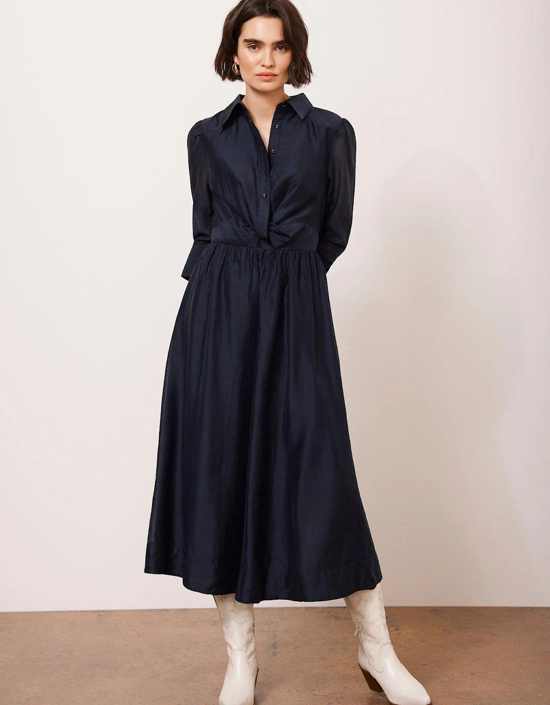 Twist Detail Midi Shirt Dress - Navy, 2 of 1