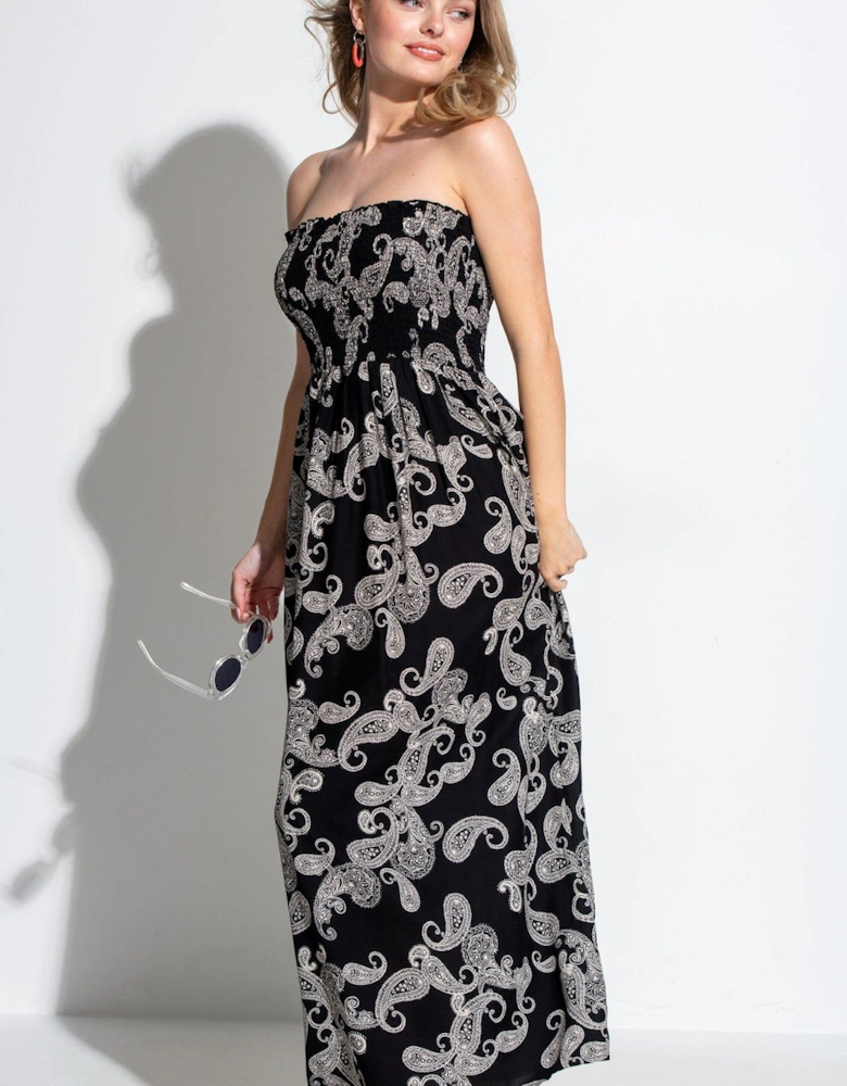 Strapless Shirred Bodice Maxi Beach Dress - Print