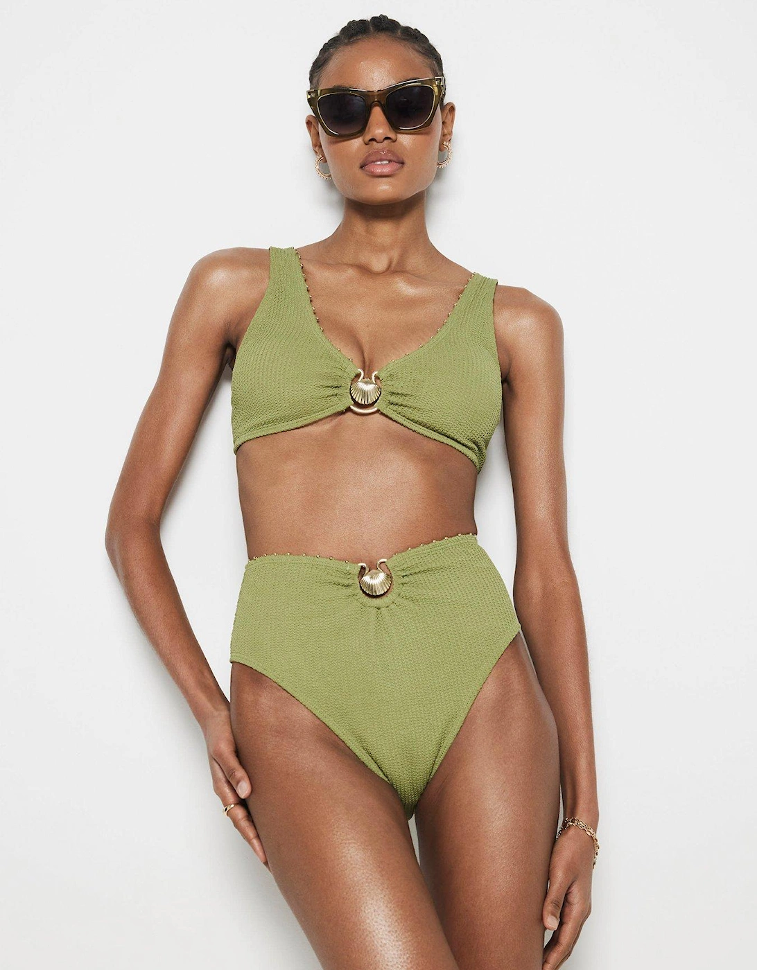 Shell Trim Texture High Waist Bikini Brief - Khaki, 2 of 1