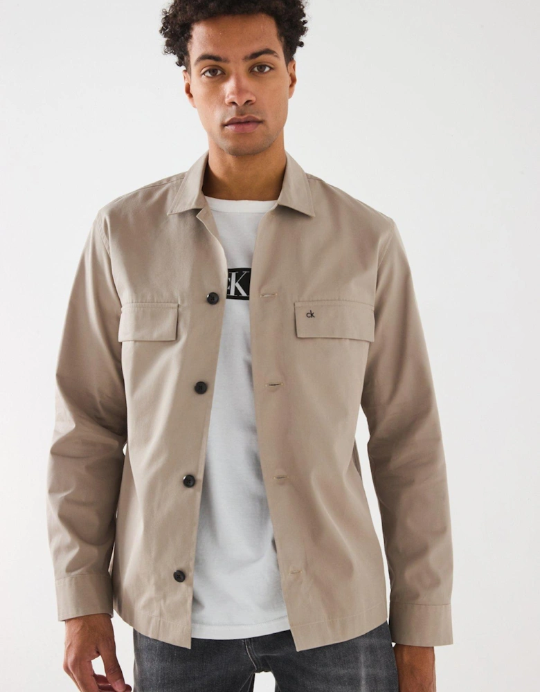 Cotton Blend Button Through Overshirt - Khaki