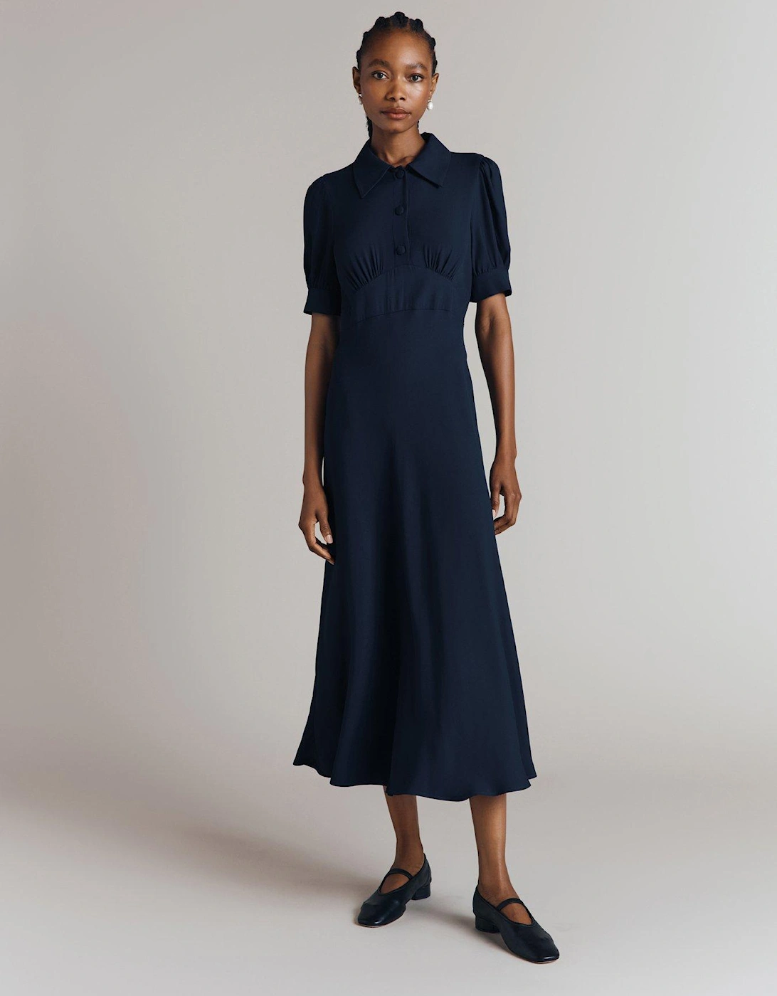 Wilma Crepe Midi Tea Dress - Navy, 2 of 1