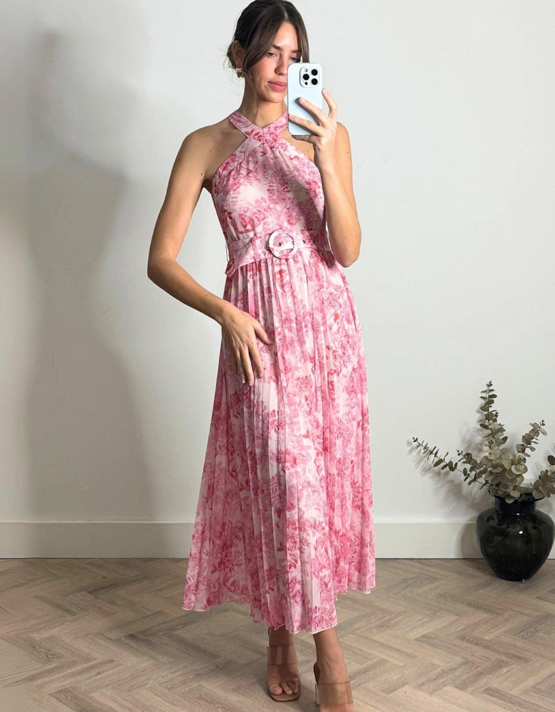 Printed Sleeveless Midi Dress - Pink