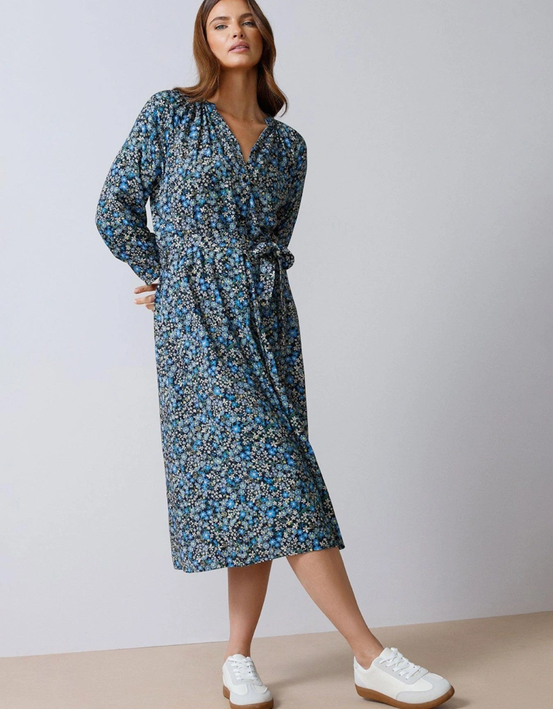 Ditsy Button Through 3/4 Sleeve Dress - Blue