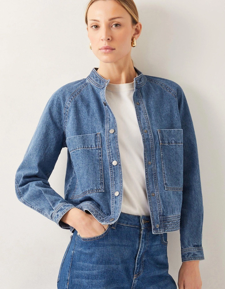 Binky Crop Collarless Denim Jacket - Blue