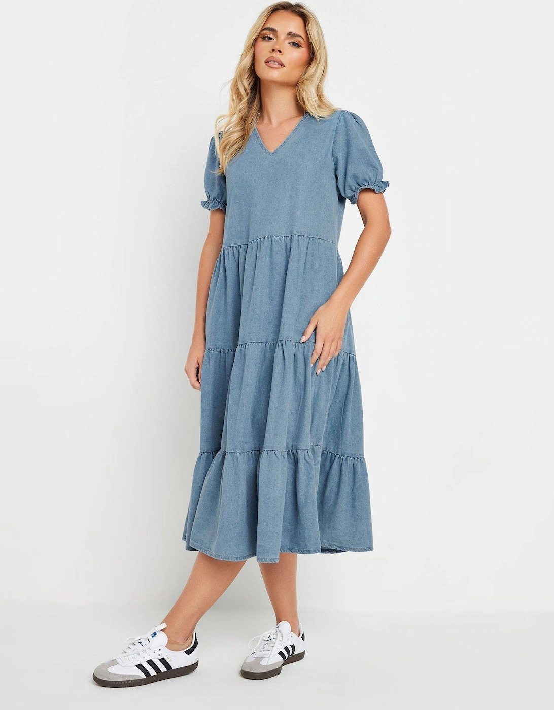 Short Sleeve Tiered Frill Midi Dress - Blue, 2 of 1