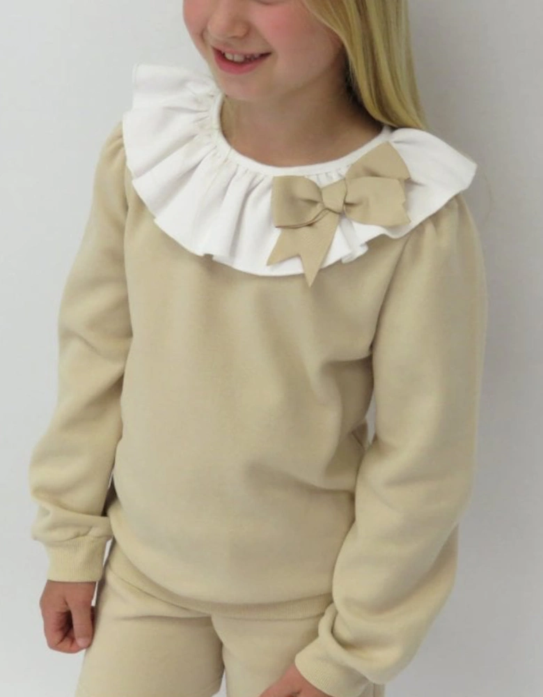 Girls Beige Frill Collar Jumper Short Set