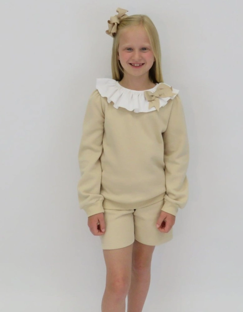 Girls Beige Frill Collar Jumper Short Set