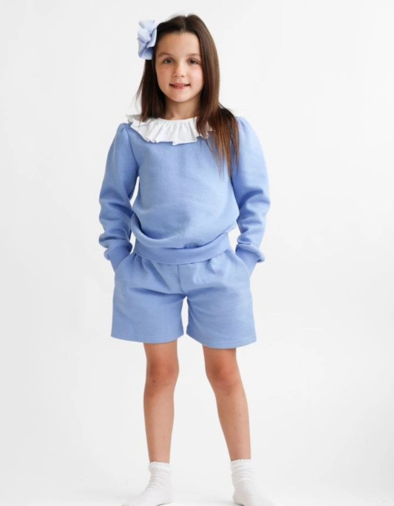 Girls Blue Frill Collar Jumper Short Set