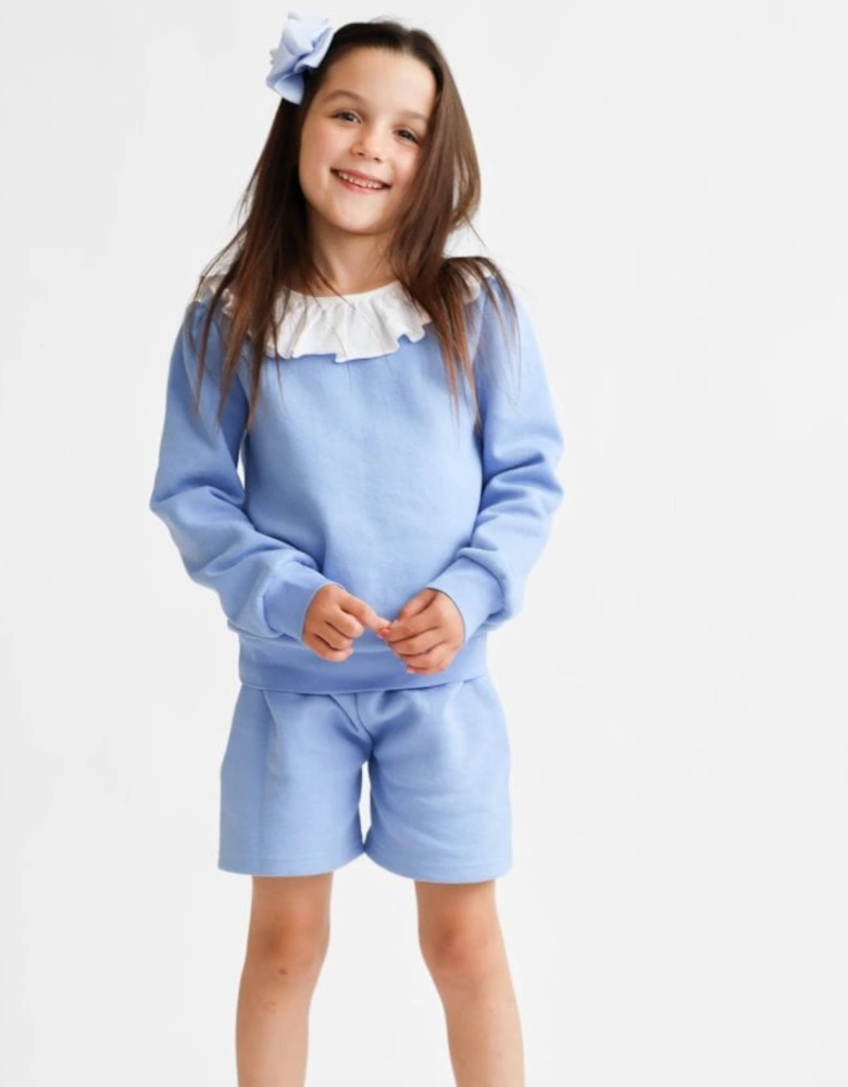 Girls Blue Frill Collar Jumper Short Set