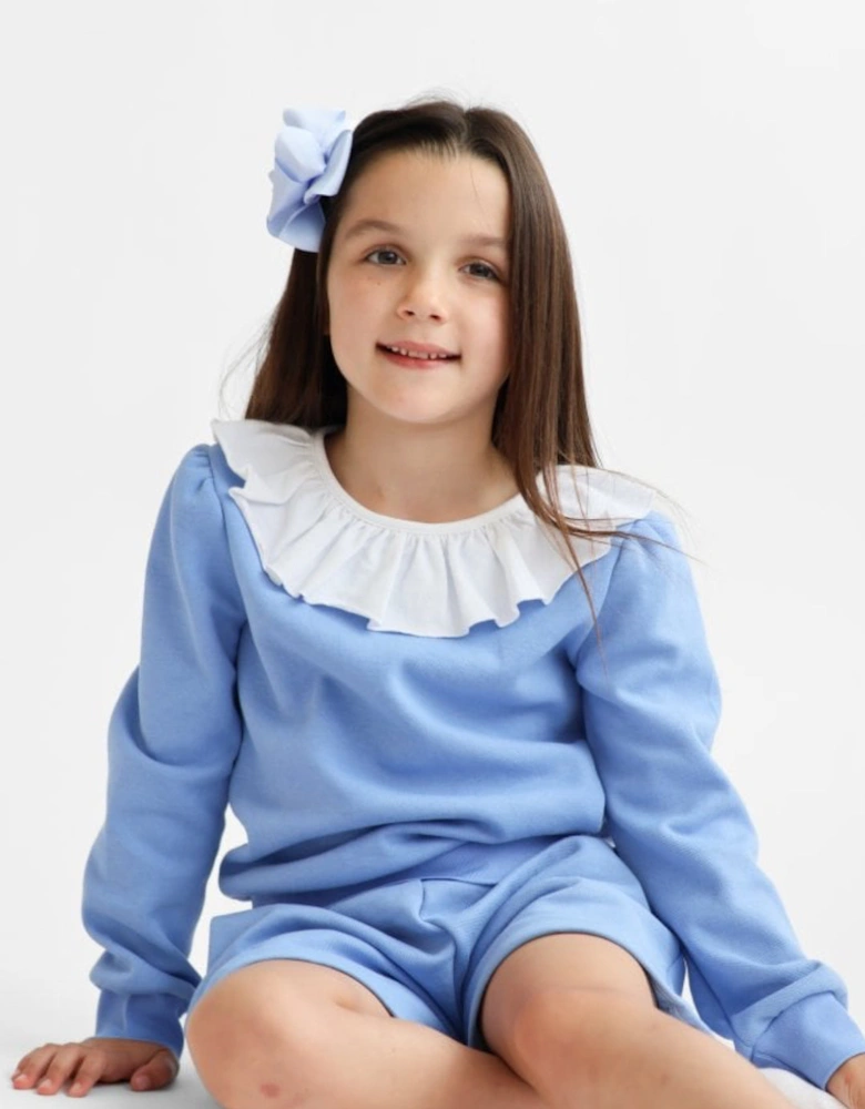 Girls Blue Frill Collar Jumper Short Set