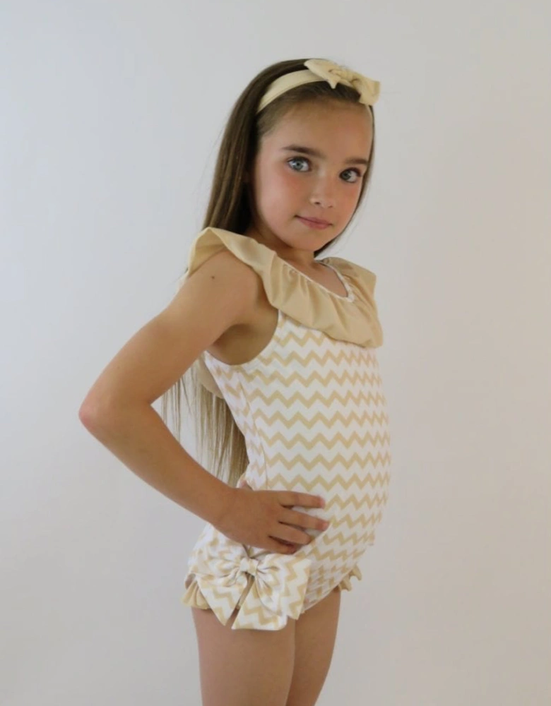 Girls Beige Zig Zag 3 Piece Swim Set