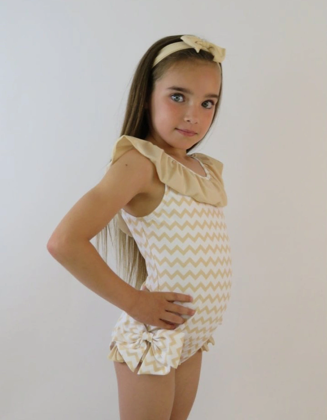 Girls Beige Zig Zag 3 Piece Swim Set, 5 of 4