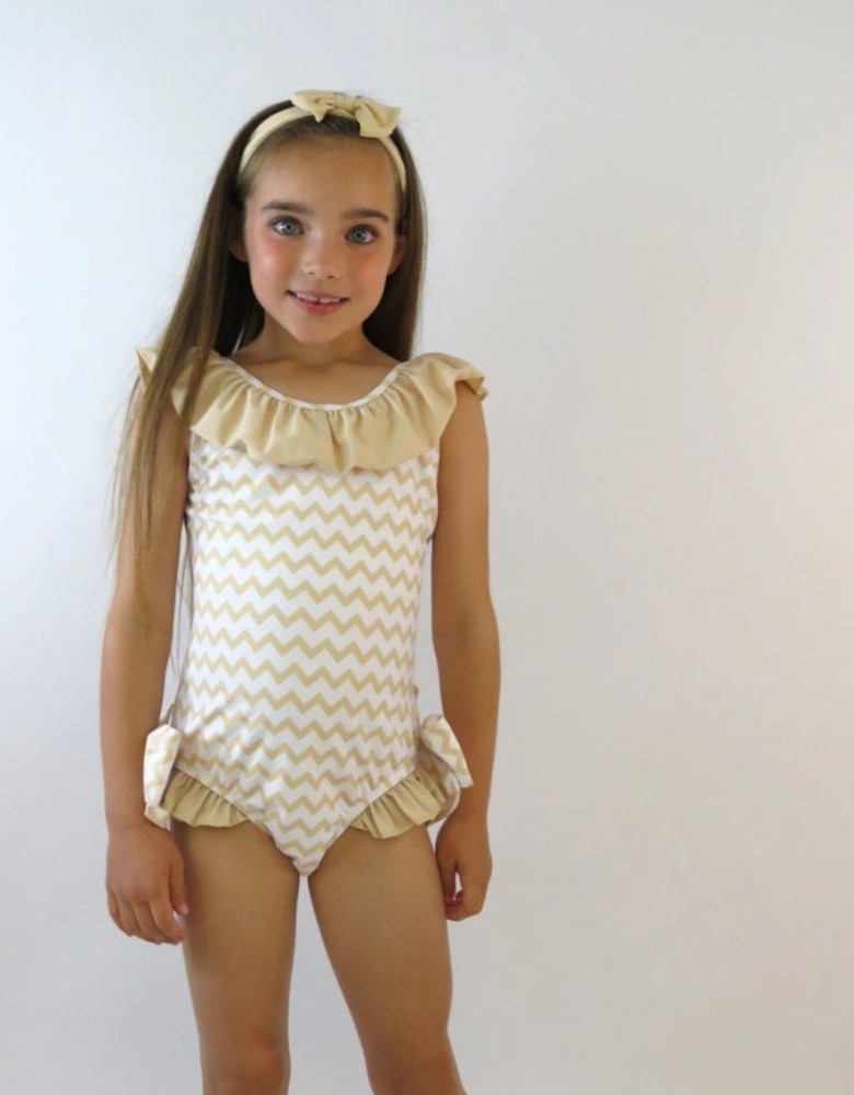 Girls Beige Zig Zag 3 Piece Swim Set