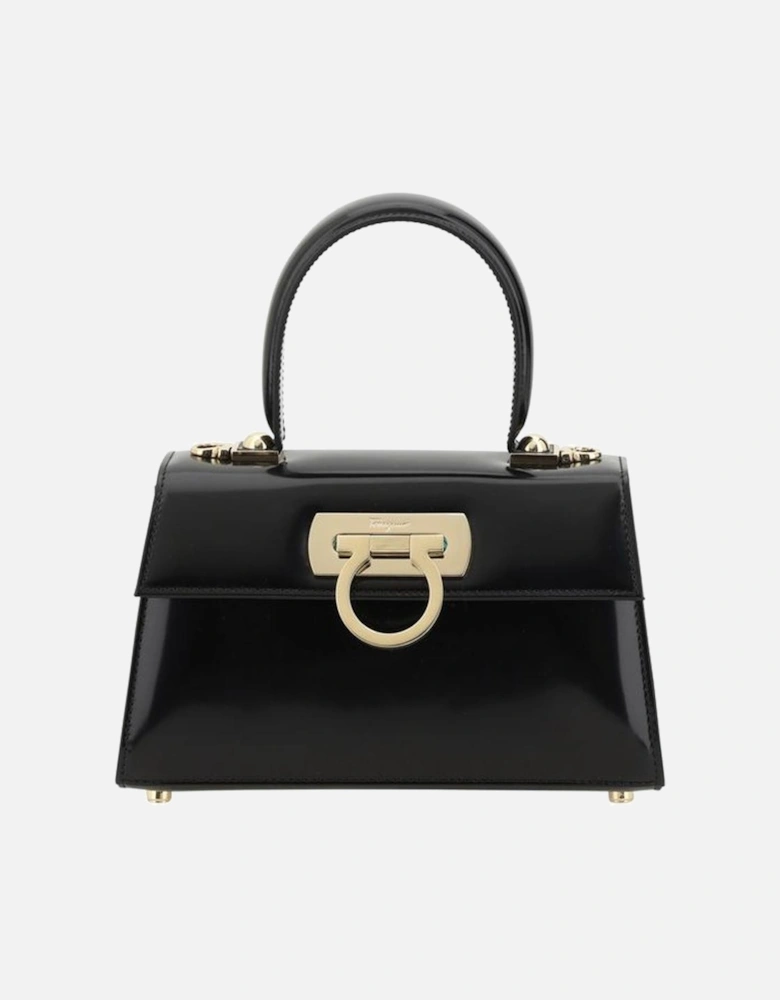 Leather Top Handle Handbag with Gold Plaque Women - Black